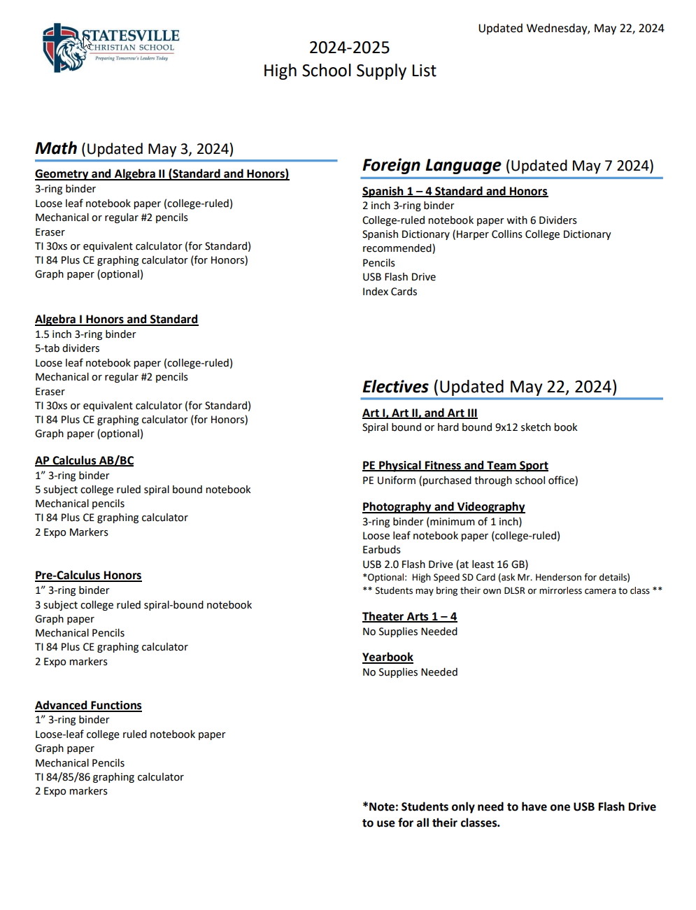 20242025 High School Supply List Statesville Christian School